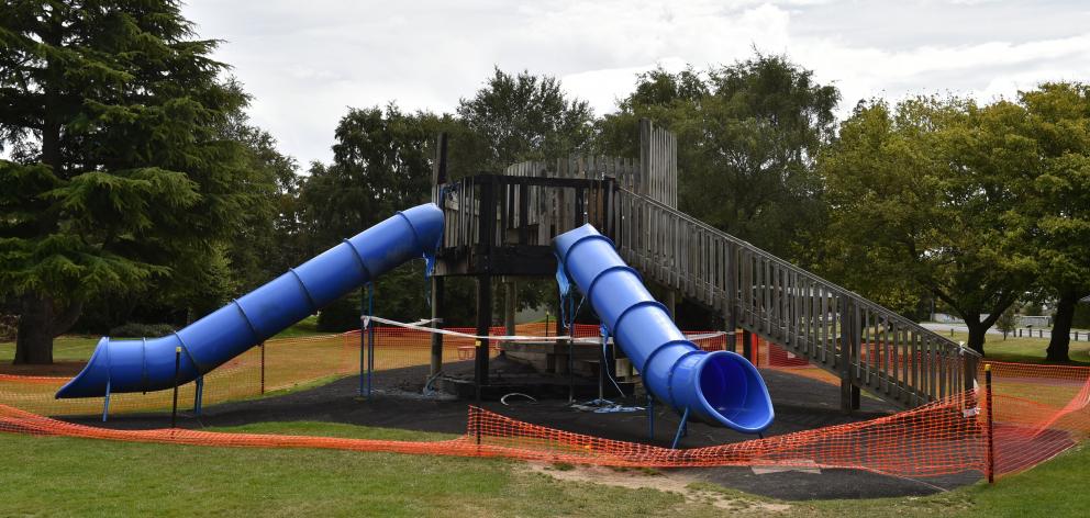 The fire-damaged playground at Mosgiel Memorial Park. Photo: Peter McIntosh.