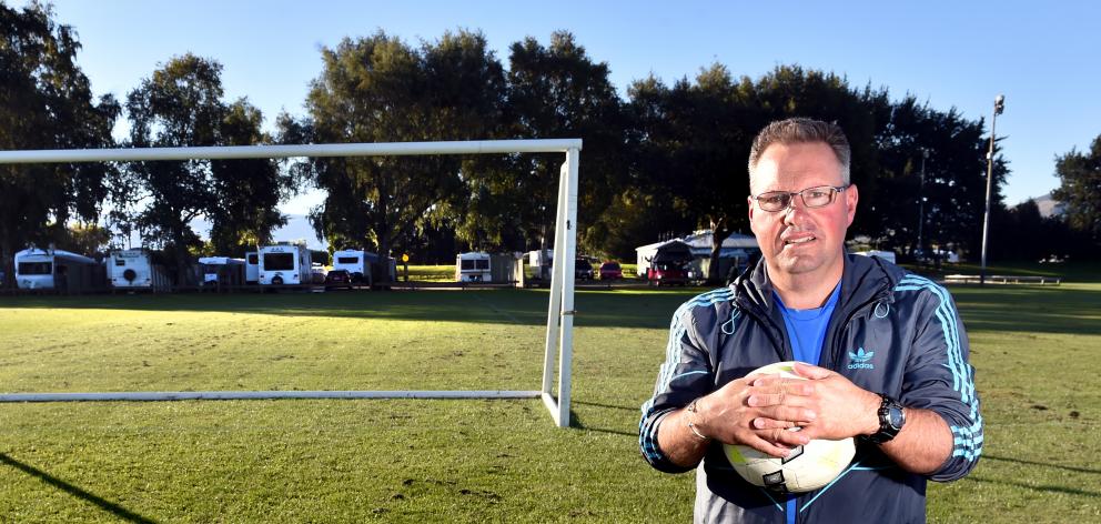 Mosgiel Football Club member Craig Whitson in Memorial Park last night. Photo: Peter McIntosh.