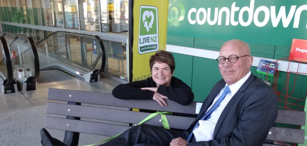 Queenstown Lakes Mayor Jim Boult and The Packaging Forum's Lyn Mayes try out a seat made from...