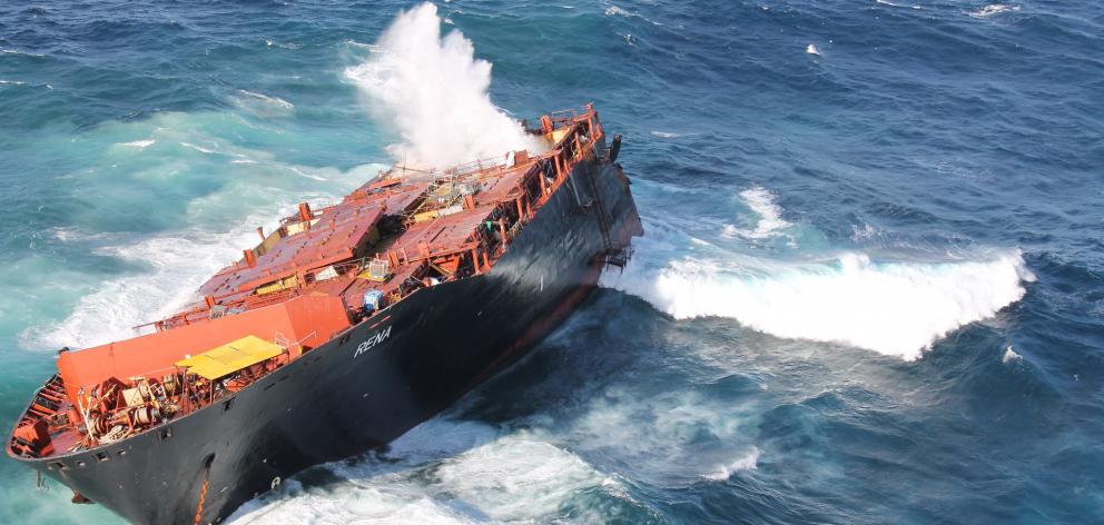 View of broken Rena with the stern section missing in 2011 in New Zealand's worst environmental disaster at sea. Photo: Maritime New Zealand