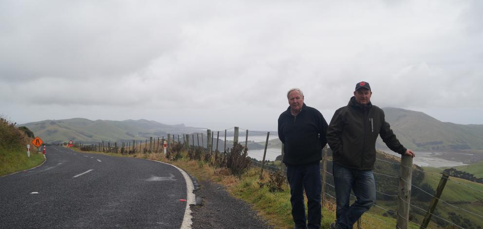 Otago Peninsula Community Board chairman Paul Pope (right) and board member Lox Kellas are working on ideas for creating more pull-off areas along Highcliff Rd. PHOTO: GRETA YEOMAN