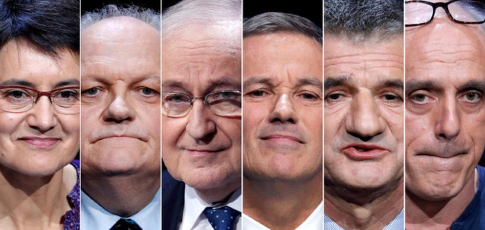 Six of the eleven candidates for the French 2017 presidential election, (L-R): Nathalie Arthaud, Francois Asselineau, Jacques Cheminade, Nicolas Dupont-Aignan, Jean Lassalle, Philippe Poutou. Photo: Reuters