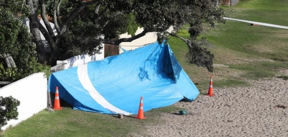 A tarpaulin shields the North Shore coastal site where the remains were discovered. Photo: NZ Herald 