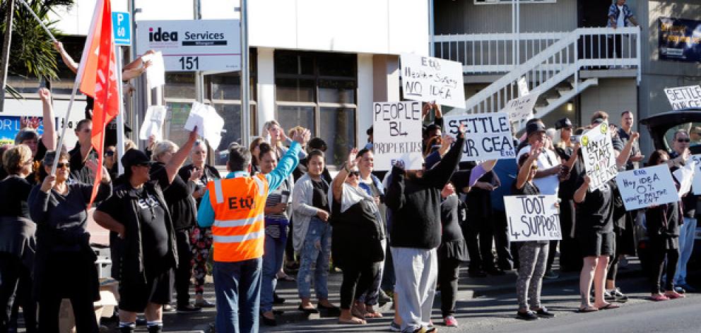 About 120 support workers and administration staff from IDEA Services in Northland went on an hour-long strike after a lack of progress over a new collective agreement. PHOTO/JOHN STONE About 120 support workers and administration staff from IDEA Services in Northland went on an hour-long strike after a lack of progress over a new collective agreement. PHOTO/JOHN STONE