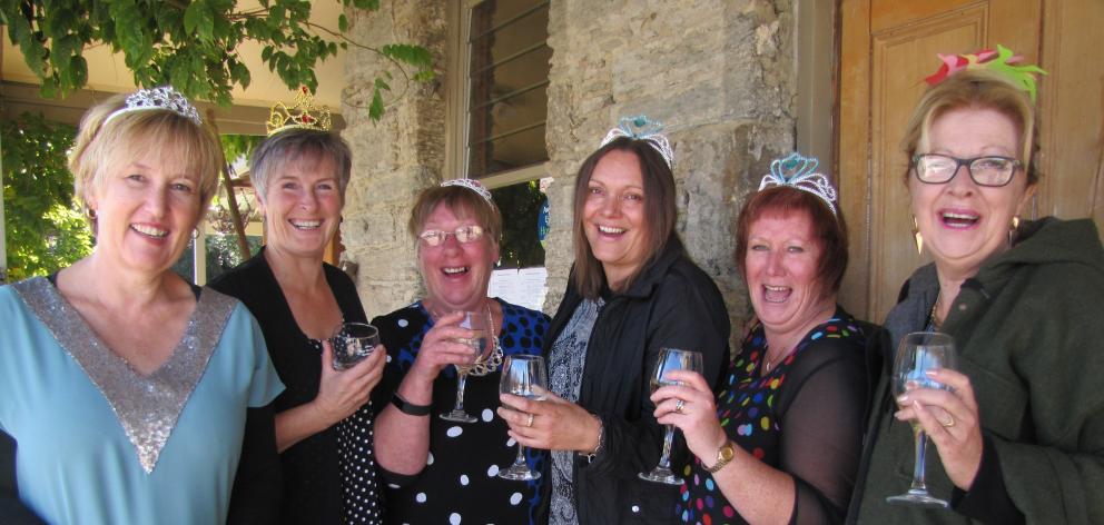 Otago friends (from left) Elizabeth Faithful, of Mosgiel, and Vivienne Duncan, Margaret Menzies, Hannah Wade, Tracey Wood and Jill Becker, all of Chatto Creek, toast their ``duck widows'' brunch at the Chatto Creek Tavern on Saturday. Photo: Pam Jones.