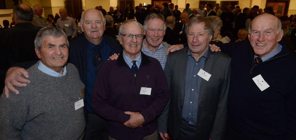 Former Otago rugby players (from left) Paul Booth, Don Clark, Ken Prain, Maurie Collins, Don Peddie and John Levido reminisce on the side's 17-9 win over the Lions at Carisbrook in 1966 at a Club Otago function at the Dunedin Town Hall yesterday. Photo: L