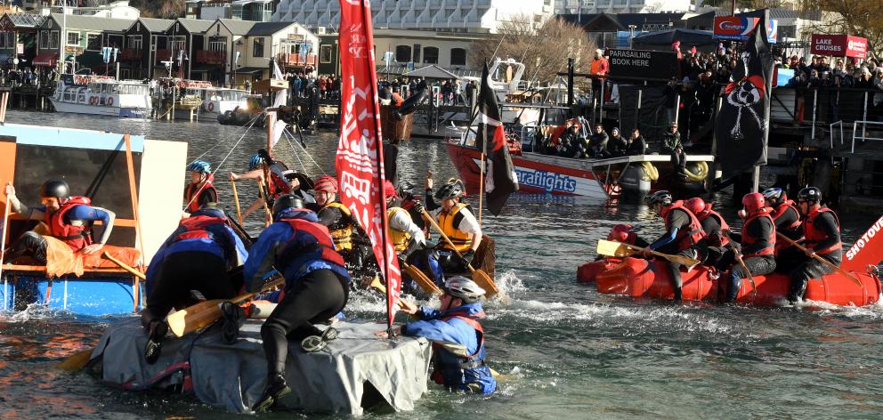 Competitors brave the cold for the raft race at this year's Queenstown Winter Festival. Photo: Stephen Jaquiery Competitors brave the cold for the raft race at this year's Queenstown Winter Festival. Photo: Stephen Jaquiery