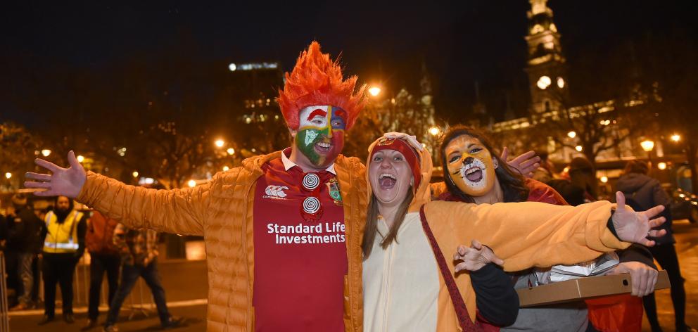 Lions supporters Ben and Rachel Bacon, of Wanaka, and Becky Couchman, of England, let out a roar before the game. Photo: Gregor Richardson