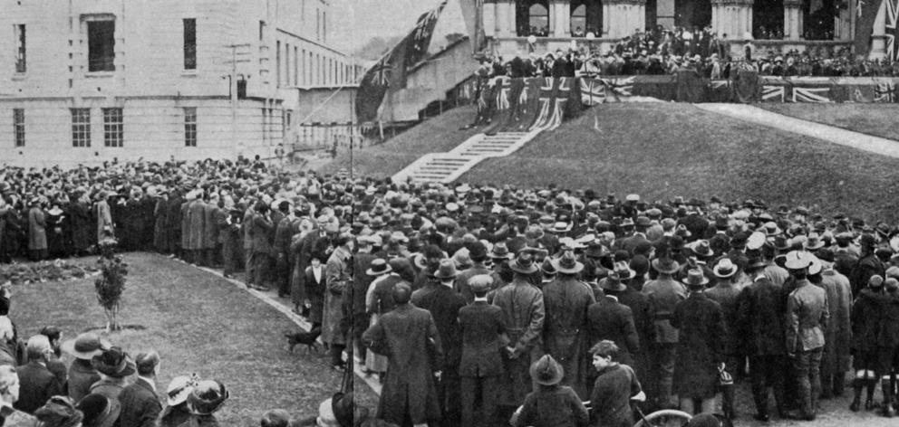 The crowd in front of Parliament Buildings, Wellington during the swearing-in ceremony for the...
