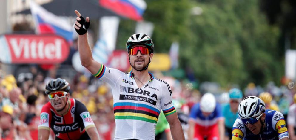 Bora-Hansgrohe rider Peter Sagan of Slovakia celebrates winning the third stage of the Tour de France. Photo: Reuters