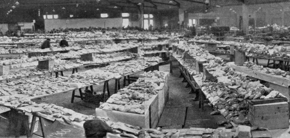 The interior of Brydone Hall, showing the array of bags laid out in consecutive groups of numbers...