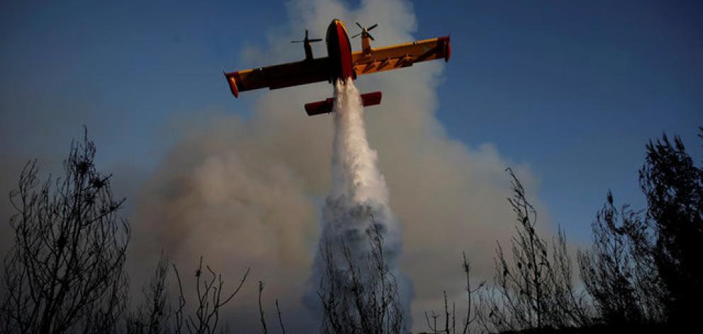 A firefighting airplane makes a water drop as a wildfire burns. Photo: Reuters