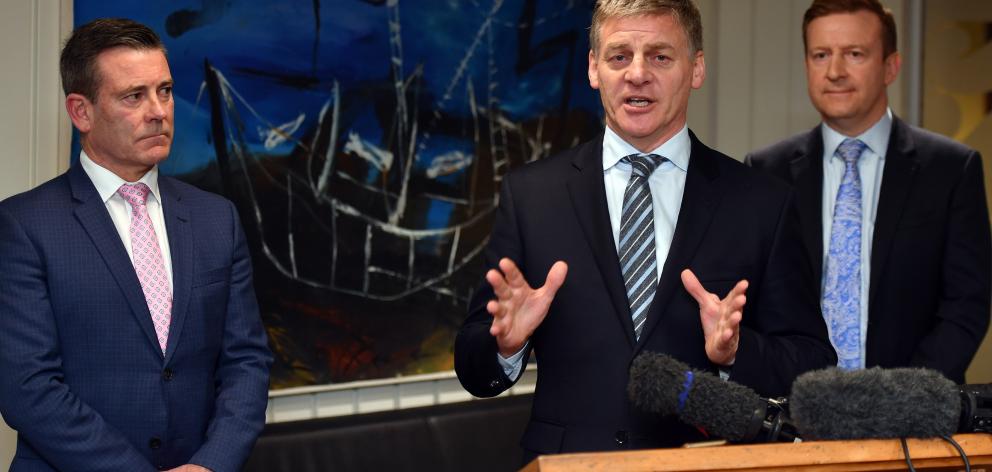 At the announcement of the Dunedin Hospital rebuild are  (from left) Dunedin list MP Michael Woodhouse, Prime Minister Bill English and Health Minister Jonathan Coleman. Photo: Stephen Jaquiery