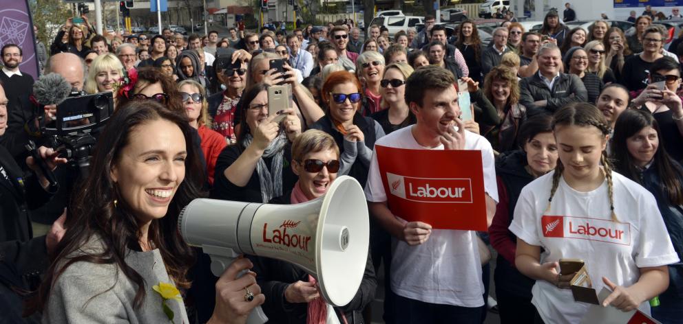 Labour leader Jacinda Ardern speaks to the people who could not fit into the Hunter Centre...