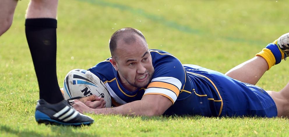 Whalers centre Hyrum Martin scores a try in their win over the Southland Rams at the Oval on...