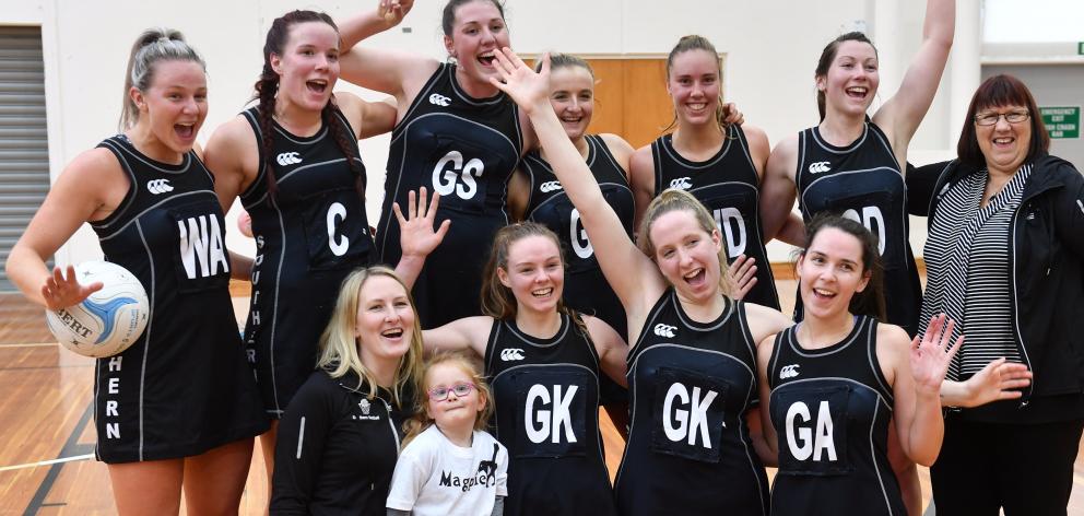 The Magpies players after winning the Dunedin club netball final against St Hilda’s Collegiate at...