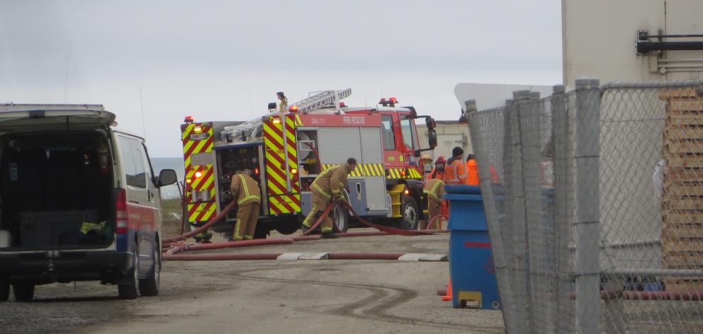 Fire and Emergency New Zealand crews work to to control a hazardous substance emergency at Oamaru...