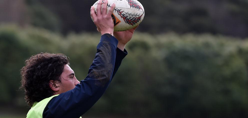 Otago hooker and captain Sam Anderson-Heather prepares to throw the ball into a lineout at training at Logan Park this week. Photo: Peter McIntosh