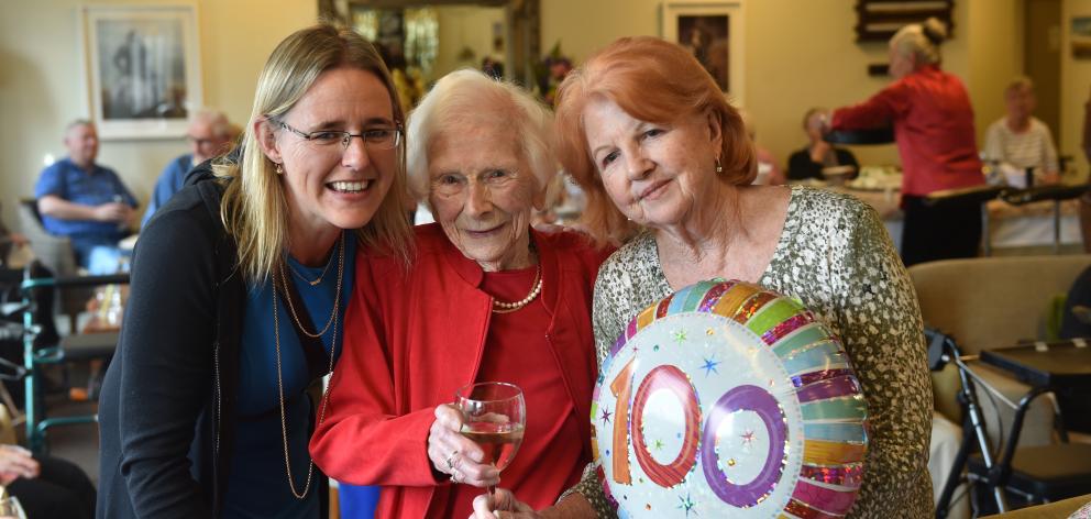 Cynthia Dwan, of Dunedin, celebrates her 100th birthday with great-niece Andrea McFarlane (left)...