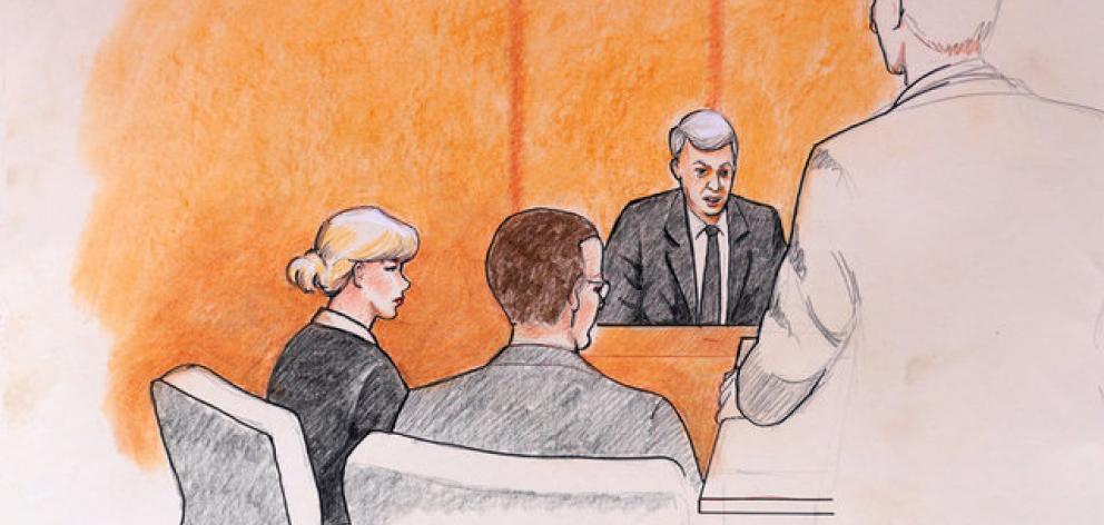 A sketch of Taylor Swift and her attorneys in Denver Federal Court with plaintiff David Mueller. Photo: Reuters