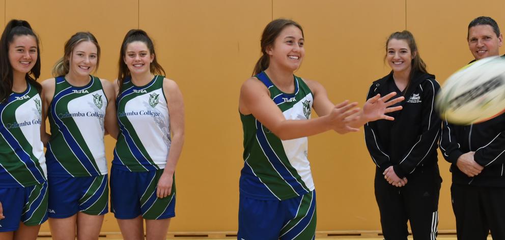 Columba College national touch representatives Maia Joseph, McKayler Moore, Claudia Carruthers, Meg Sycamore and coaches Dayna Turnbull and PJ Turnbull at the school's gymnasium last week. Photo: Gregor Richardson