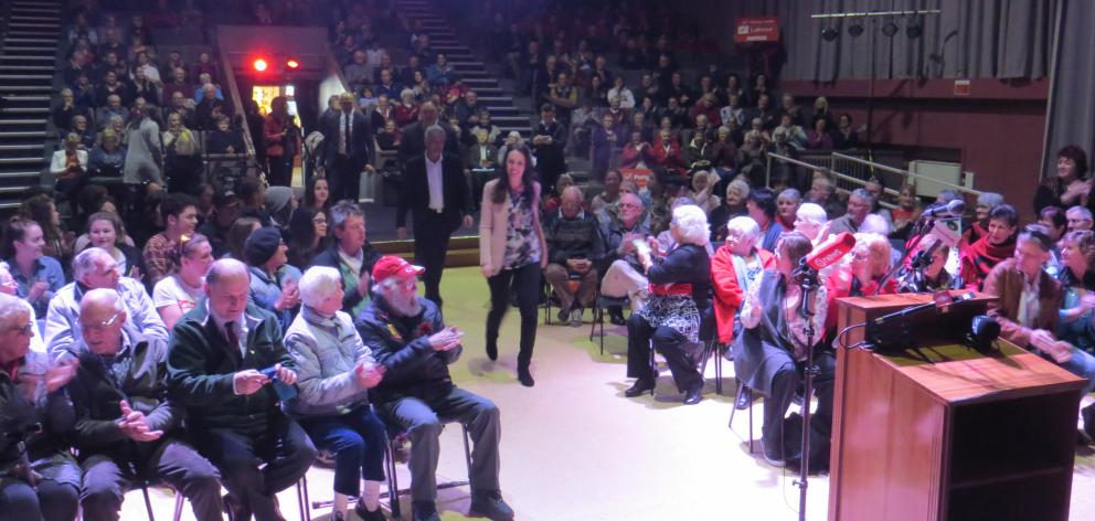 Jacinda Adern arrives to an adoring crowd packed into the Regent Theatre, in Greymouth this morning. Photo: Greymouth Star