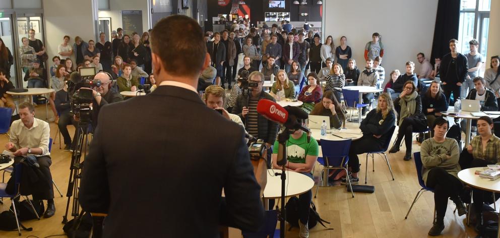 Green Party leader James Shaw announces the party's tertiary policy at the University of Otago yesterday. Photo: Peter McIntosh