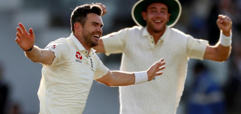 James Anderson celebrates the wicket of West Indies' Kraigg Brathwaite and his 500th test wicket. Photo: Reuters