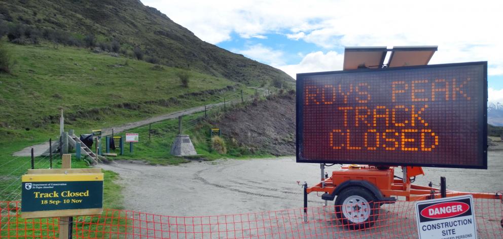 A large electronic sign advising Roys Peak track near Wanaka is closed was installed at the track start site yesterday. Photo: Tim Miller