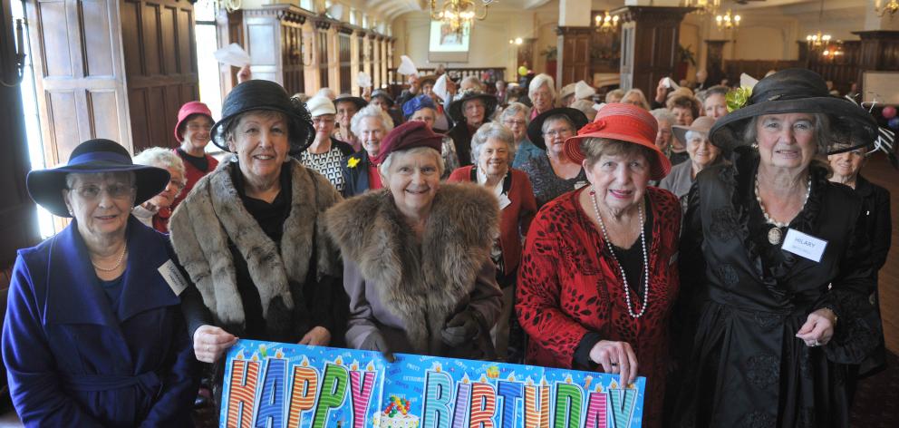 Dunedin Travel Club members (from left) Lorraine Harvey, Rona Chave, Margaret Woodford, Dawn Cassidy and Hilary Mitchell celebrate the club's 80th birthday at The Savoy yesterday. Photo: Christine O'Connor