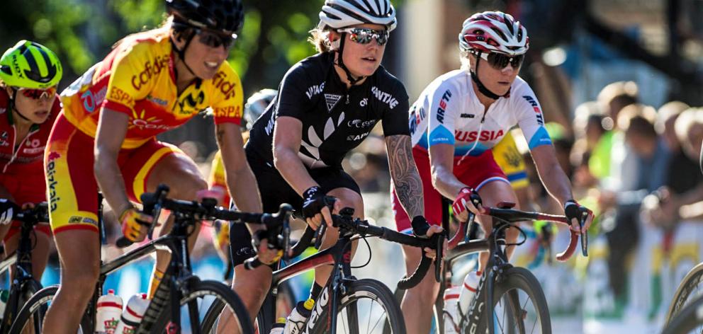 Linda Villumsen (middle), of New Zealand, in action during the Road Cycling World Championships...