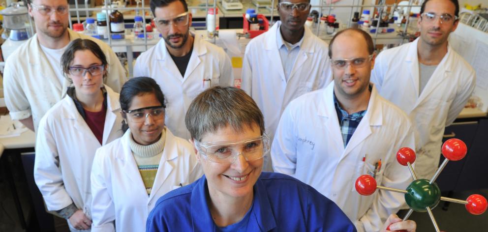 University of Otago chemistry professor and Royal Society Hector Memorial Medal recipient Sally Brooker (front) with some of her research team (clockwise, from front left) Sandhya Singh, Hannah Davidson, Stuart Malthus, Fabrice Karabulut, Folaianmi Akogun