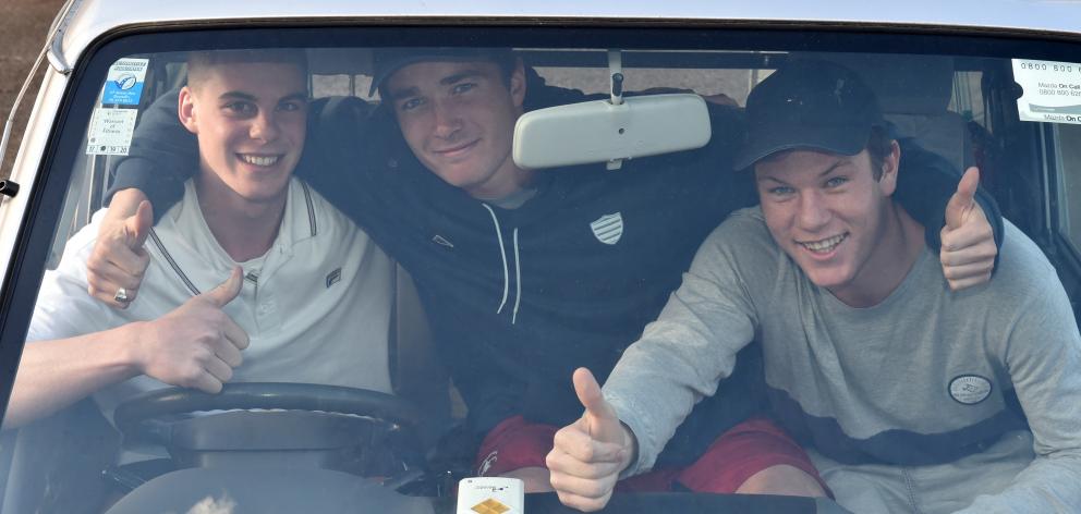 University of Otago flatmates (from left) Ben Thomson, Will Boswell and Oscar Acland (all 19), in the van Mr Boswell won in an endurance competition. Photo: Gregor Richardson