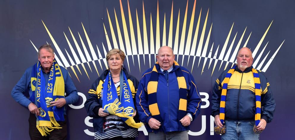 Otago Rugby Supporters Club members (from left) patron Gerard Simmons, Elaine Shanks, Jim Shanks and Gary Clegg, at Forsyth Barr Stadium yesterday. Photo: Peter McIntosh