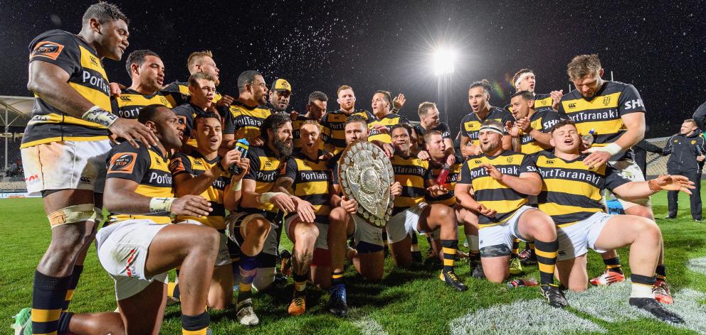 Captain Angus Ta'avao of Taranaki and his team mates pose with the Ranfurly Shield their win against Canterbury on October 6, 2017 in Christchurch. Photo: Getty Images Captain Angus Ta'avao of Taranaki and his team mates pose with the Ranfurly Shield their win against Canterbury on October 6, 2017 in Christchurch. Photo: Getty Images