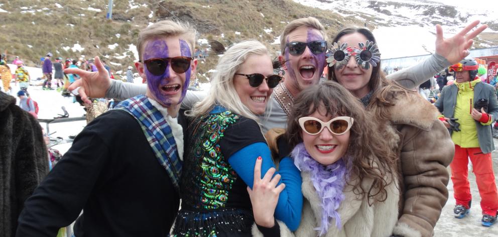 Some of the last-day skiers in fancy dress at the end of Treble Cone season party yesterday  are ...
