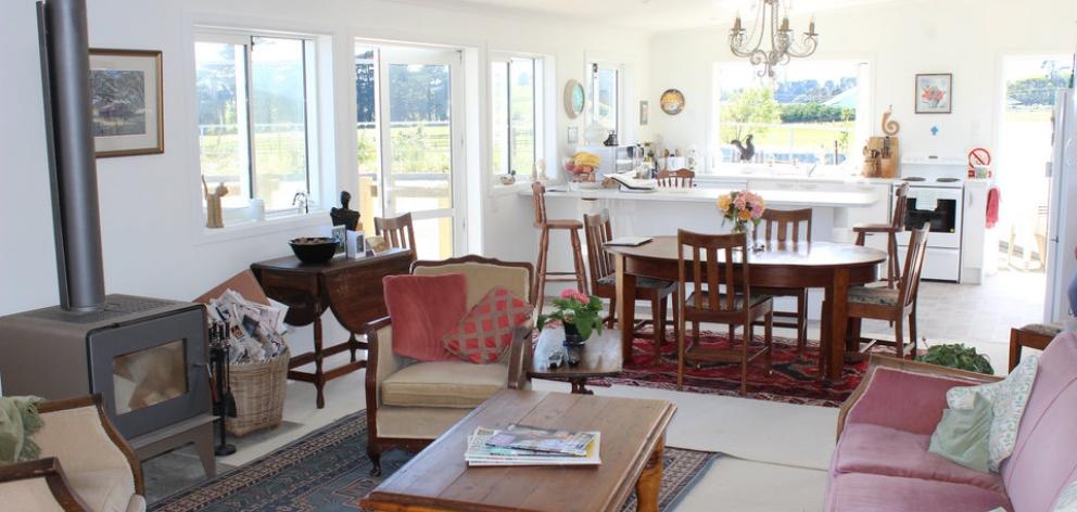 Inside the lounge and kitchen area of Te Horo Farmstay. Photo: NZ Herald