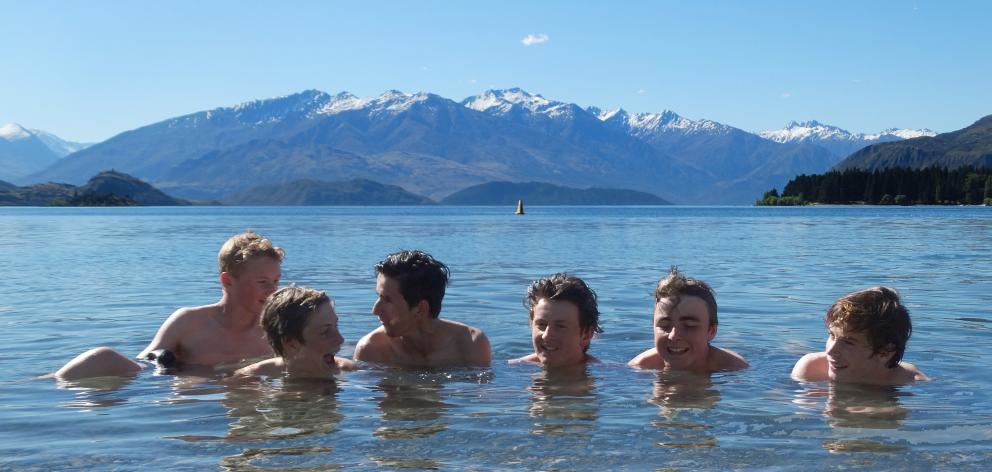 Preferring the icy waters of Lake Wanaka yesterday to the hot sands of the lakefront are (from left) Hugo Darby (14), of Wanaka, Ethan Calton (15), of Albert Town, Tom Heather (15), of Wanaka, Quinn Curtis (14), of Albert Town, Owen Lea (15), of Luggate,
