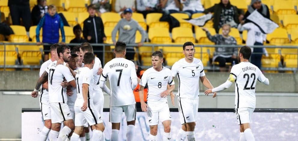 The All Whites celebrate a goal during their qualifying win over Fiji. Photo: Reuters