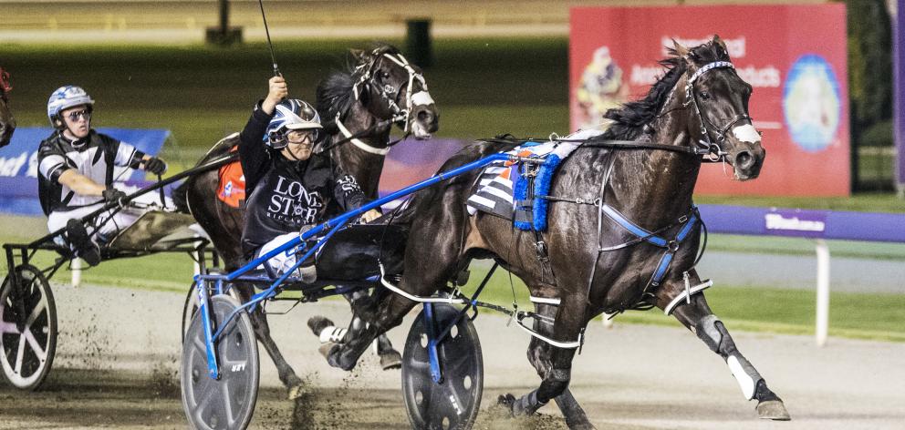 Mark Purdon salutes the Glouchester Park crowd as Lazarus wins the Interdominion Pacing Final in Perth on Friday night. Photo: Ashlea Brennan