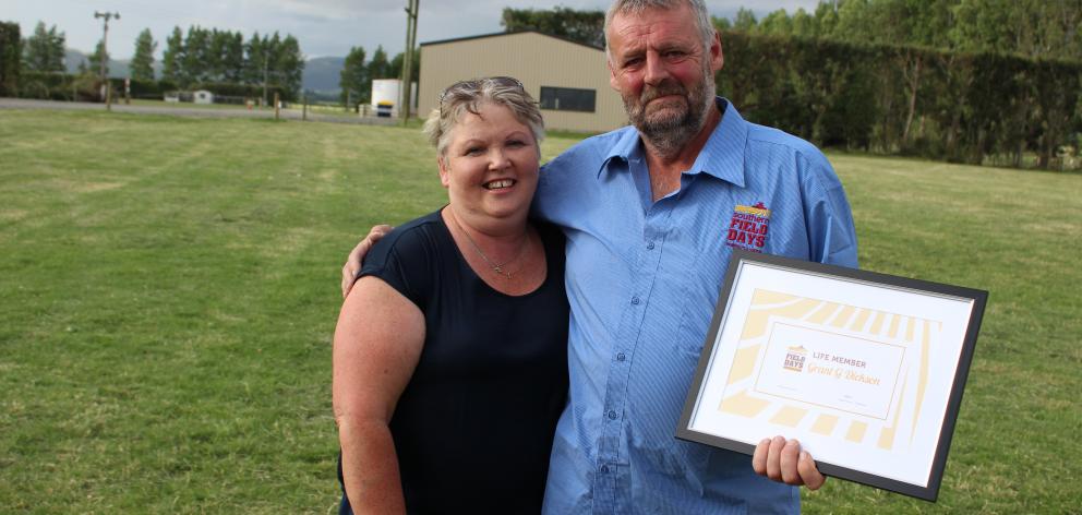 Lou and Grant Dickson reflect on Grant's life membership to the Southern Field Days at Waimumu recently. Photo: Nicole Sharp 