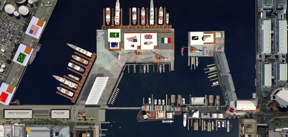 What the landscape of Auckland Harbour would look like if the America's Cup village and facilities were built on the western and eastern sides of Wynyard Wharf and land called \"site 18''. Photo: Animation Research Ltd