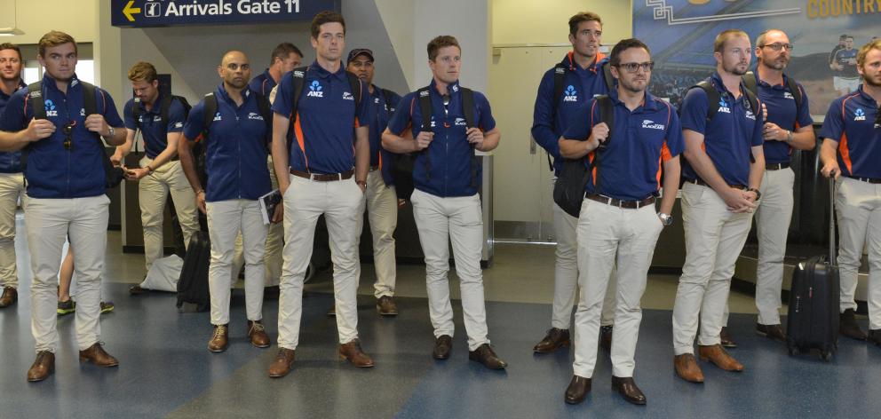 The Black Caps listen to a Maori welcome as they arrive at Dunedin Airport yesterday. Photos: Gerard O'Brien