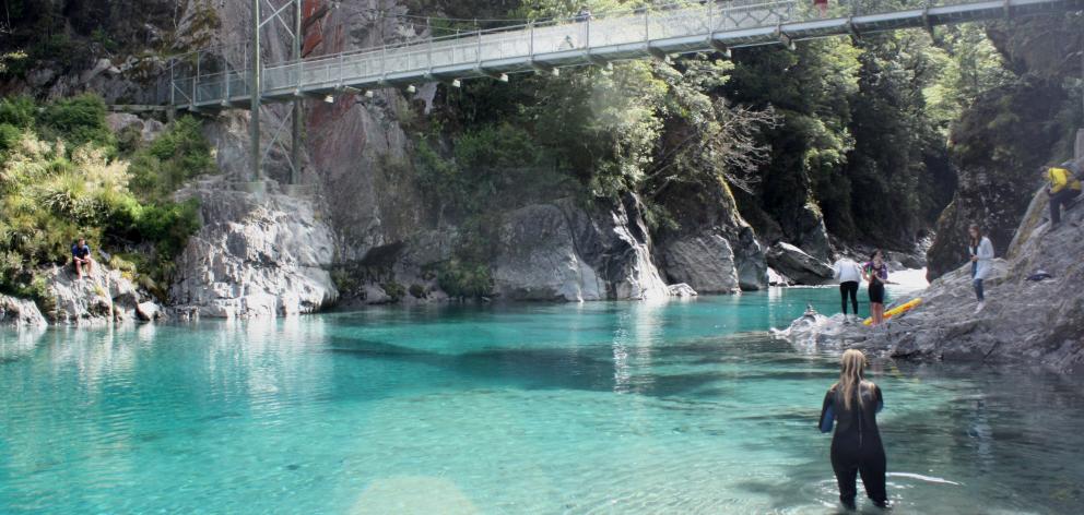 The Blue Pools on the Makarora River are a popular spot for sightseers, as well as swimmers...