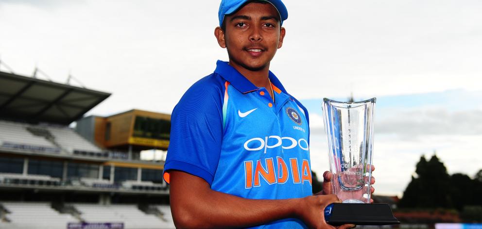 India under-19 player Prithvi Shaw poses with the trophy after  his team’s fifth Youth ODI match...