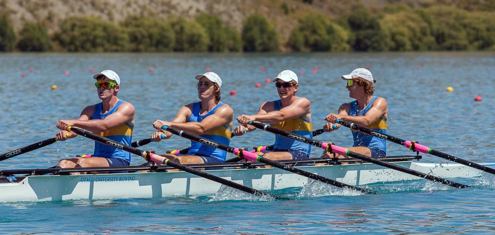 The Otago University Rowing Club’s coxless quadruple sculls crew of Dylan Davis, Aaron Roydhouse,...
