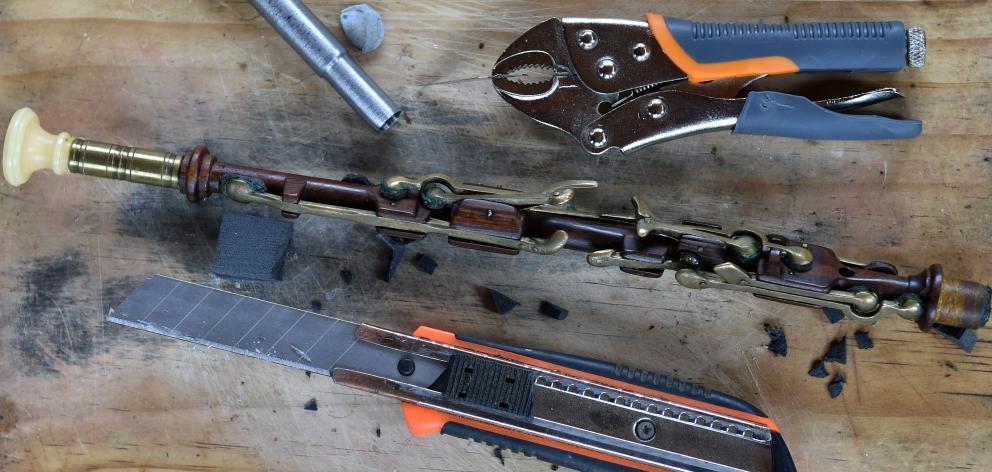 Northumbrian smallpipes in the process of being tinkered with. 