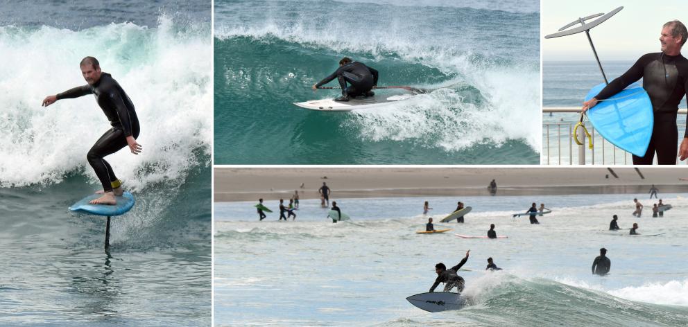 Among the participants were Mark Stevenson (middle), who shoots a tube on his paddle board. The man doing the flying was Dunedin resident Simon Sutherland (54), an experienced surfer and architectural draughtsman, who, since June last year has designed an