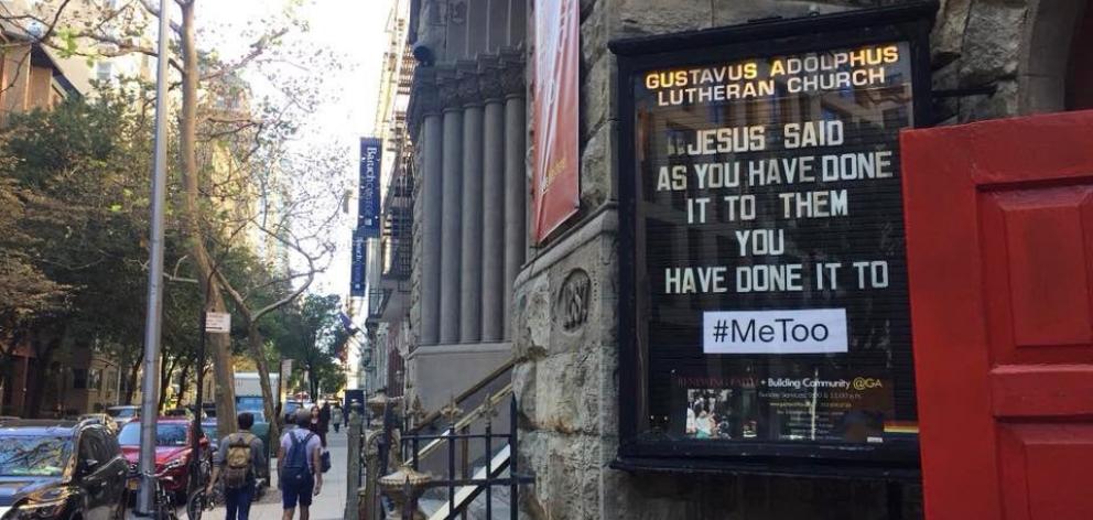 A  #MeToo sign outside the Gustavus Adolphus Church in New York City. Photo: Supplied