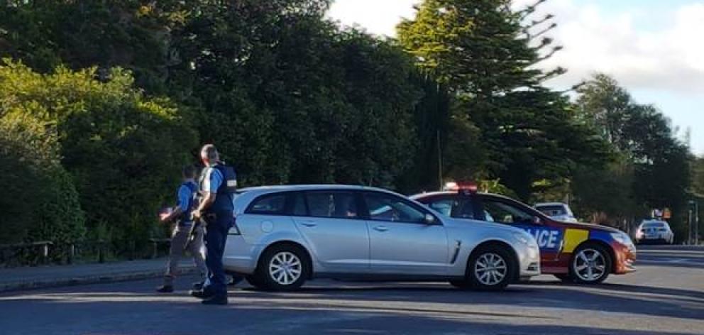 Police at the street outside Stratford High School. Photo/Ilona Hanne